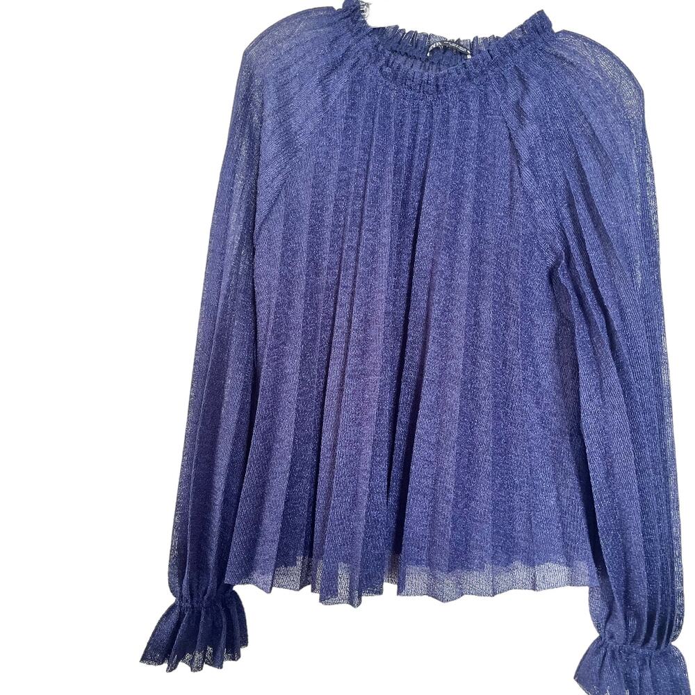 Zara Knit Blue Pleated Bell Sleeve Ruffle High Neck Semi Sheer Blouse Size M